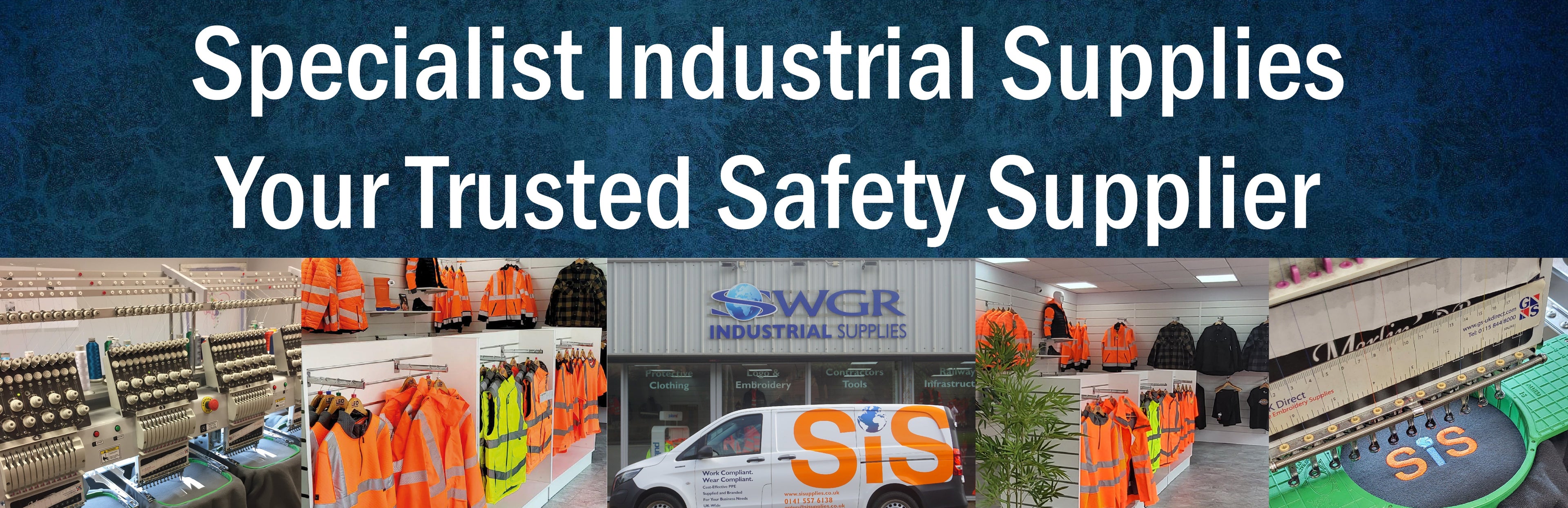 Promotional banner for a safety supplier with images of equipment, a van, and text.